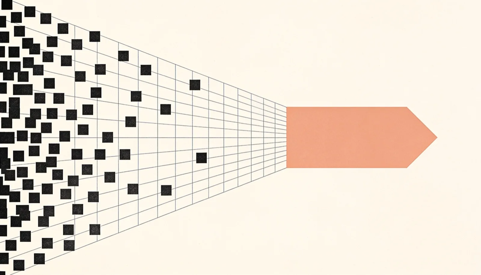 Scattered data squares converging through an ordered lattice into one decisive peach block — a decision layer turning data into a single action