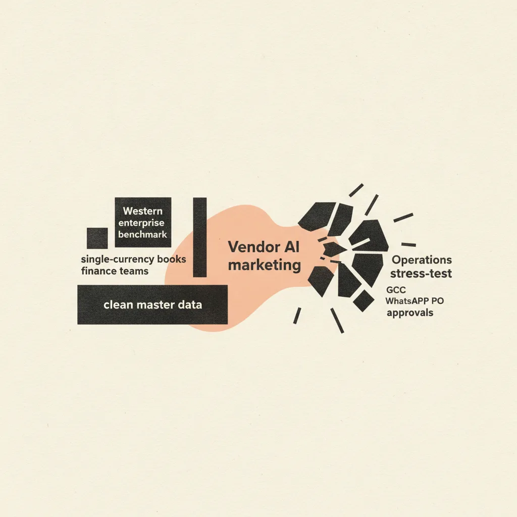 Editorial illustration — Odoo vs SAP AI Features for GCC Operations